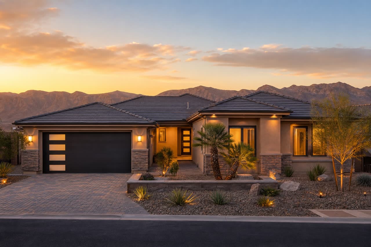Modern Las Vegas single-family home at golden hour with desert mountains in the background